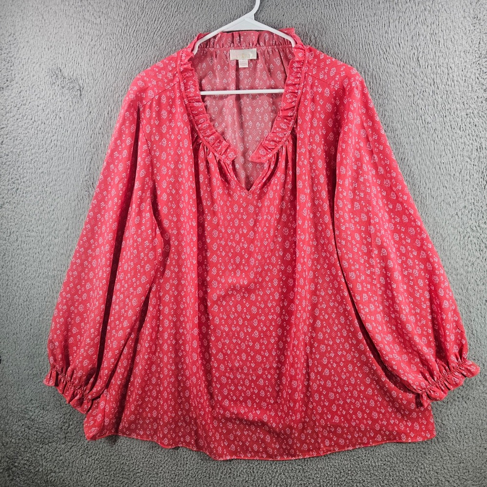 Belle‎ by Kim Gravel Pink Geometric Print Ruffle V-Neck Blouse Top 2X